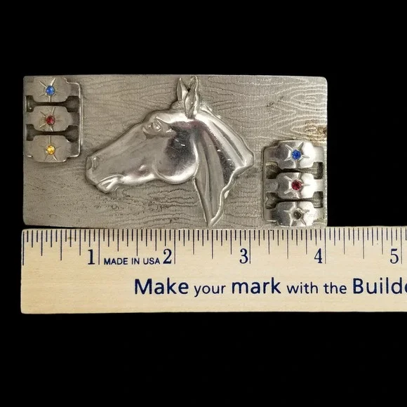 Vintage Silver Tone Horse Head‎ Belt Buckle Western Cowboy Rhinestone Accents